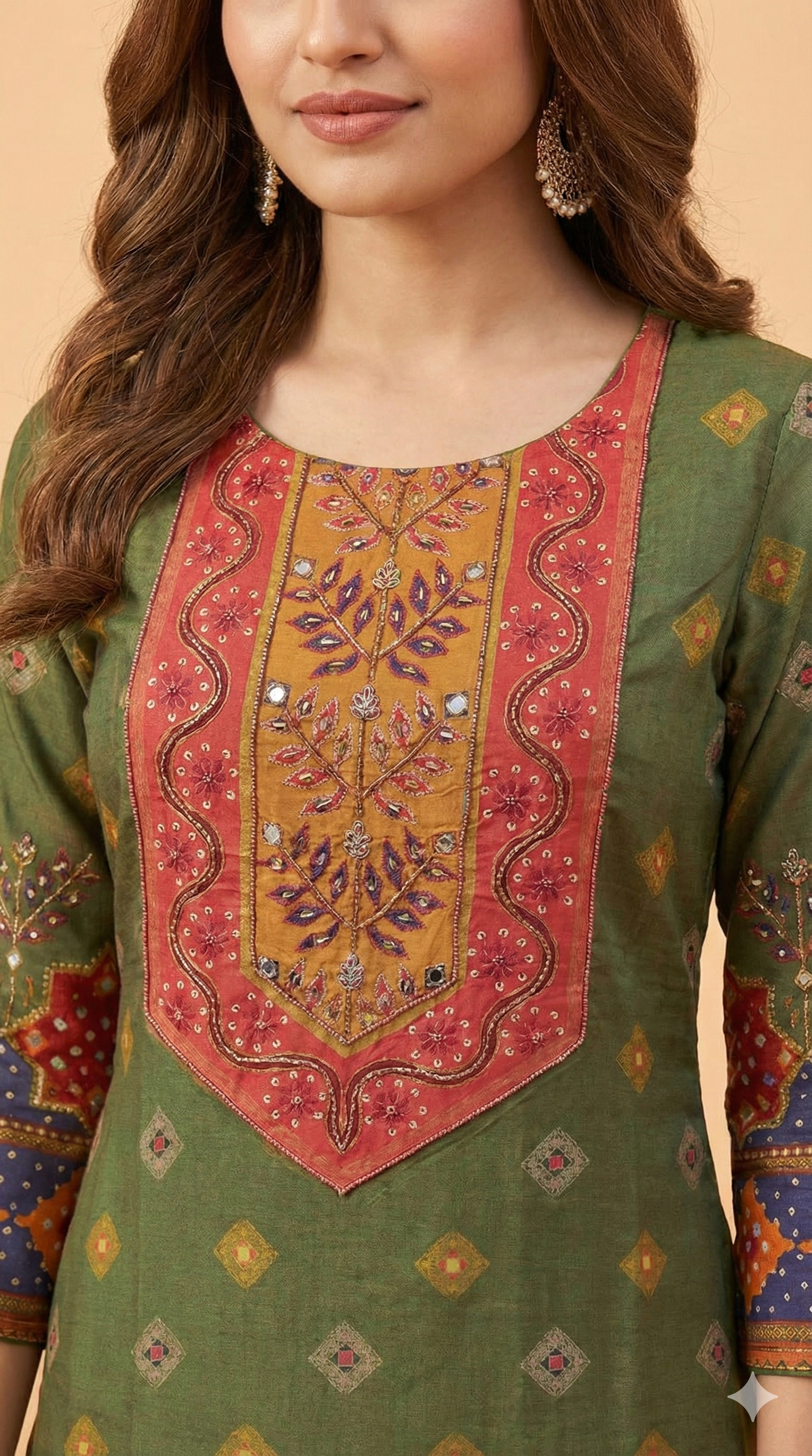 Green Floral Printed Muslin Straight Fit Salwar Suit with Elegant Handwork Embroidery