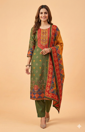 Green Floral Printed Muslin Straight Fit Salwar Suit with Elegant Handwork Embroidery