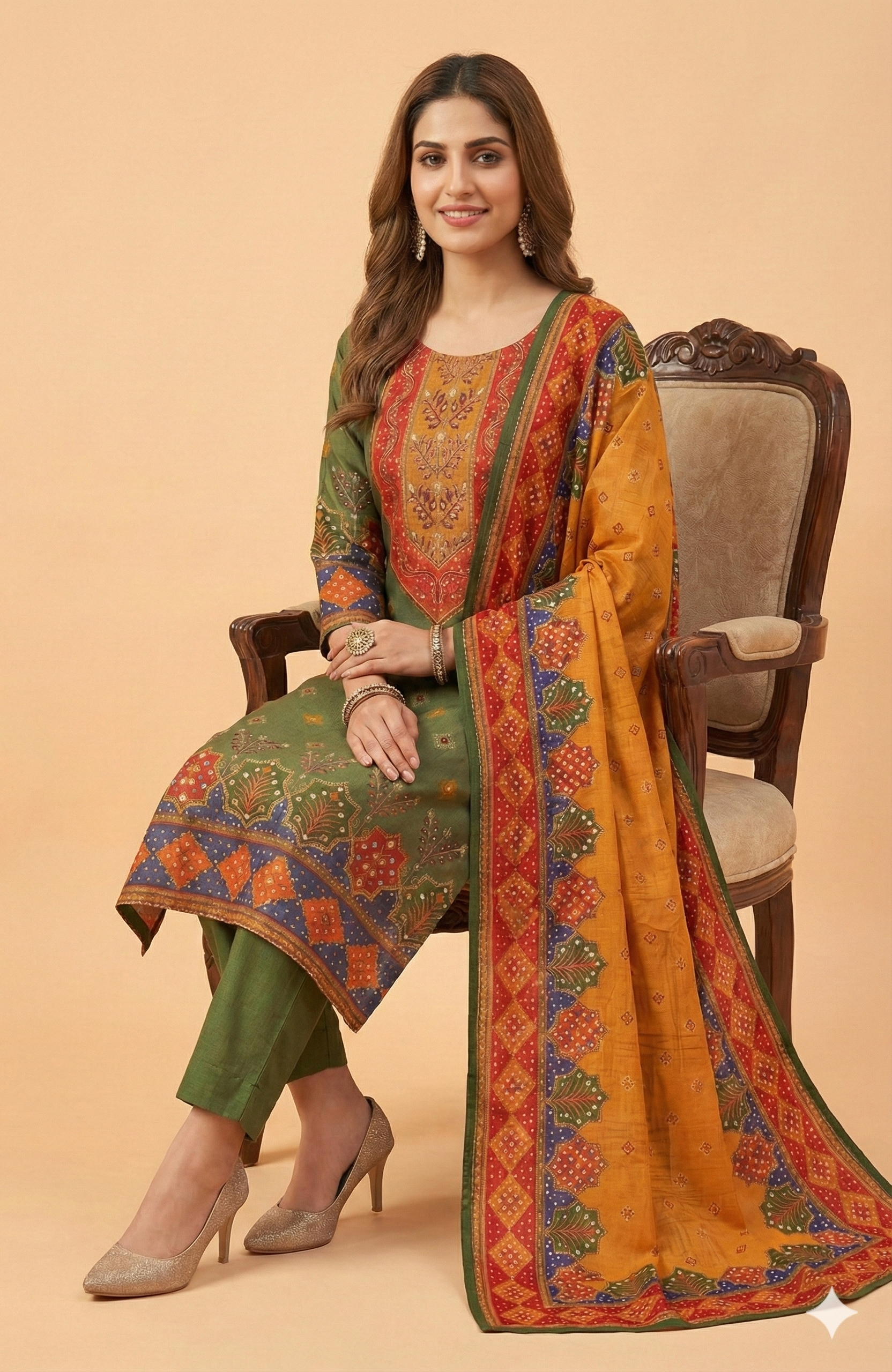 Green Floral Printed Muslin Straight Fit Salwar Suit with Elegant Handwork Embroidery