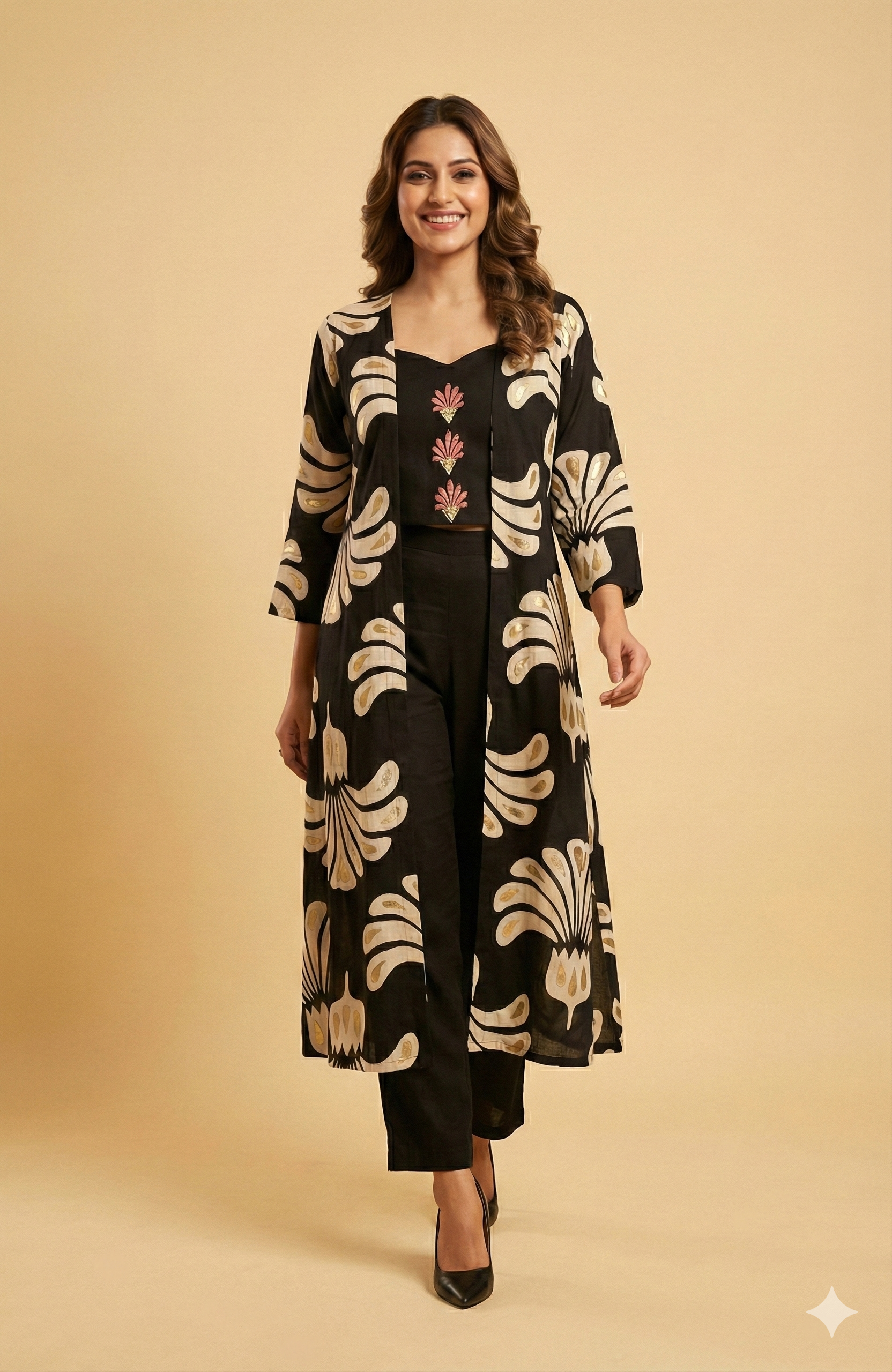 Black Floral Printed Rayon Top and Bottom Set with Jacket for Effortless Contemporary Look