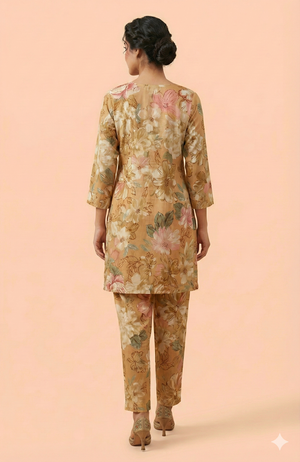 Mustard Floral Printed Muslin Co-Ord Set Offering Lightweight Comfort and Chic Daily Wear Appeal