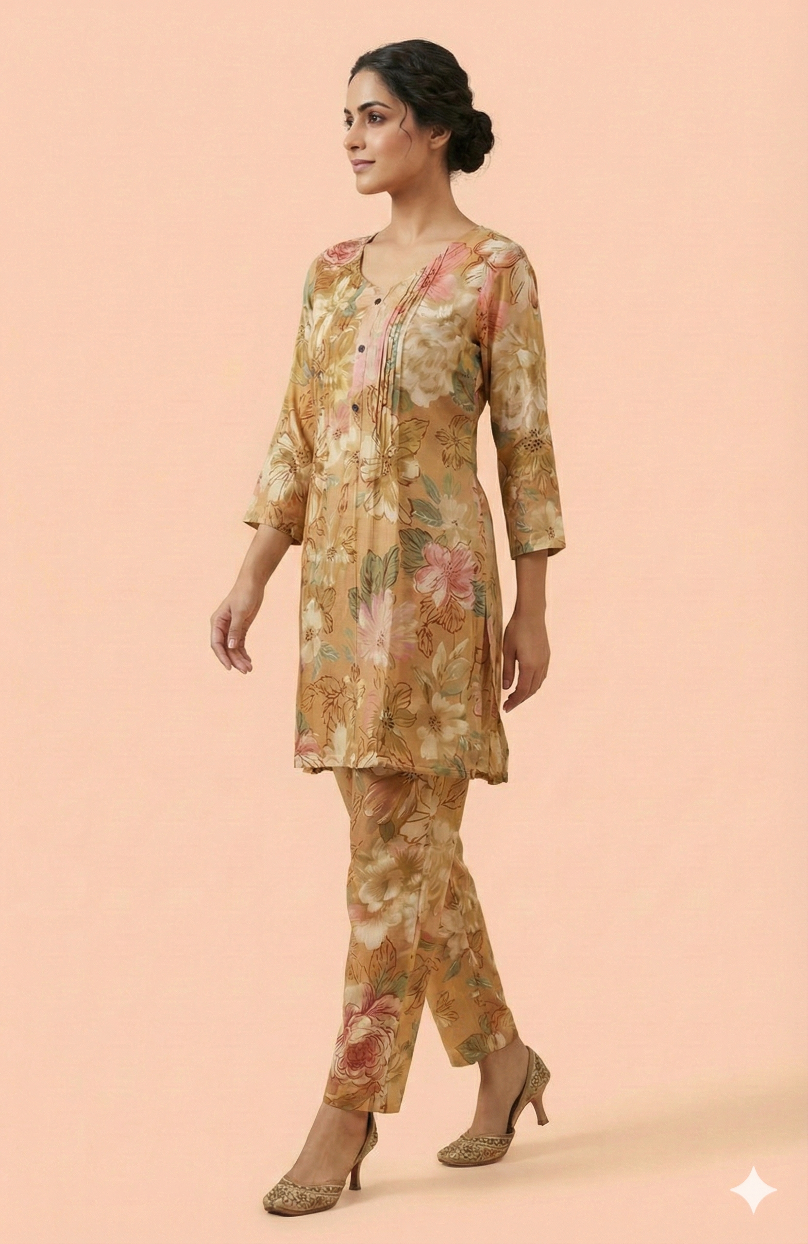 Mustard Floral Printed Muslin Co-Ord Set Offering Lightweight Comfort and Chic Daily Wear Appeal