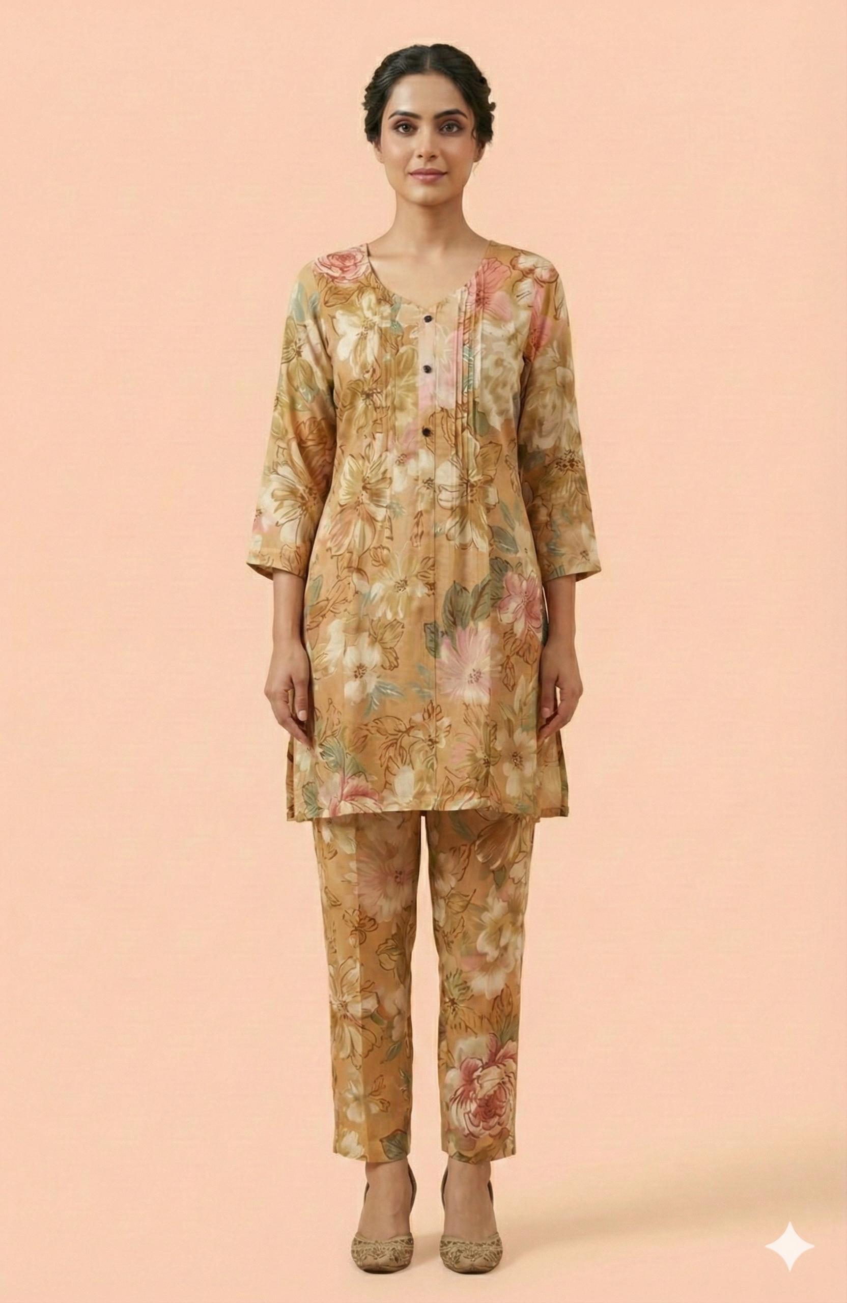 Mustard Floral Printed Muslin Co-Ord Set Offering Lightweight Comfort and Chic Daily Wear Appeal