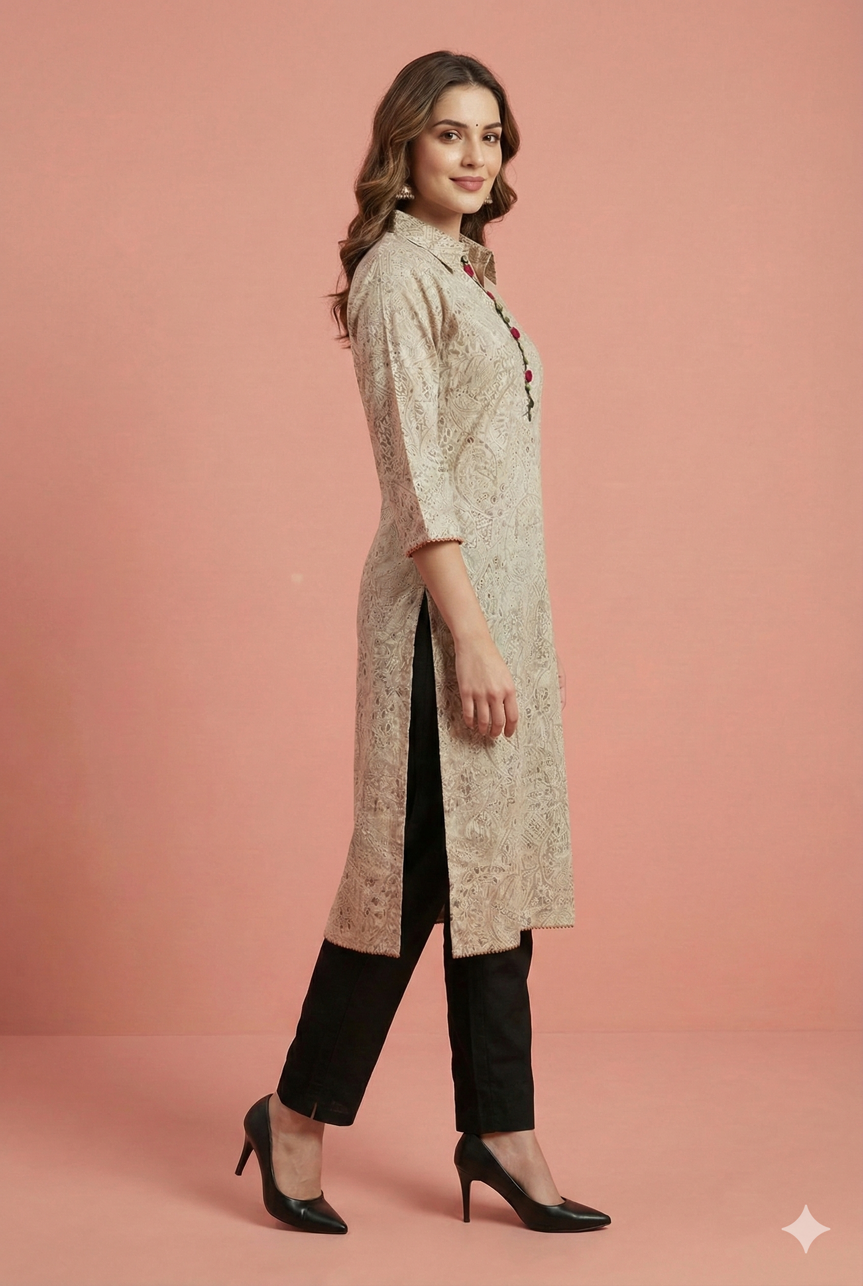 Beige Pure Cotton Straight-Cut Kurti Accented with Floral Foil Prints