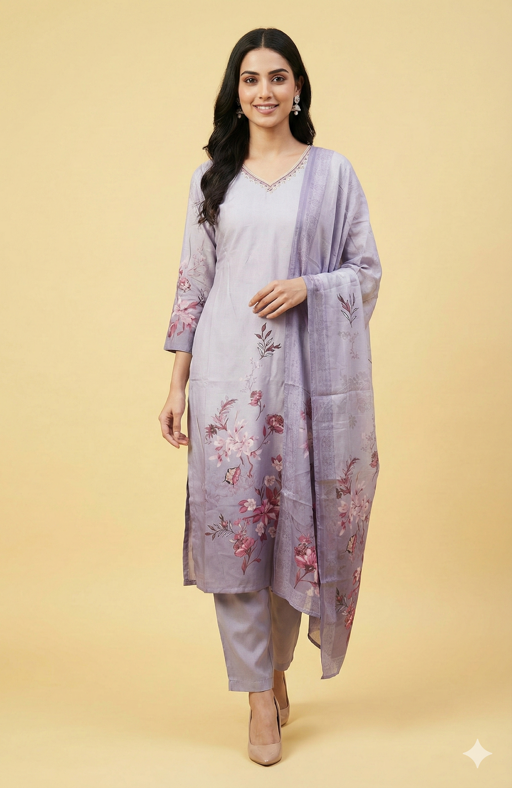 Lavender Floral Printed Muslin Straight-Cut Salwar Suit Perfect for Festive Occasions