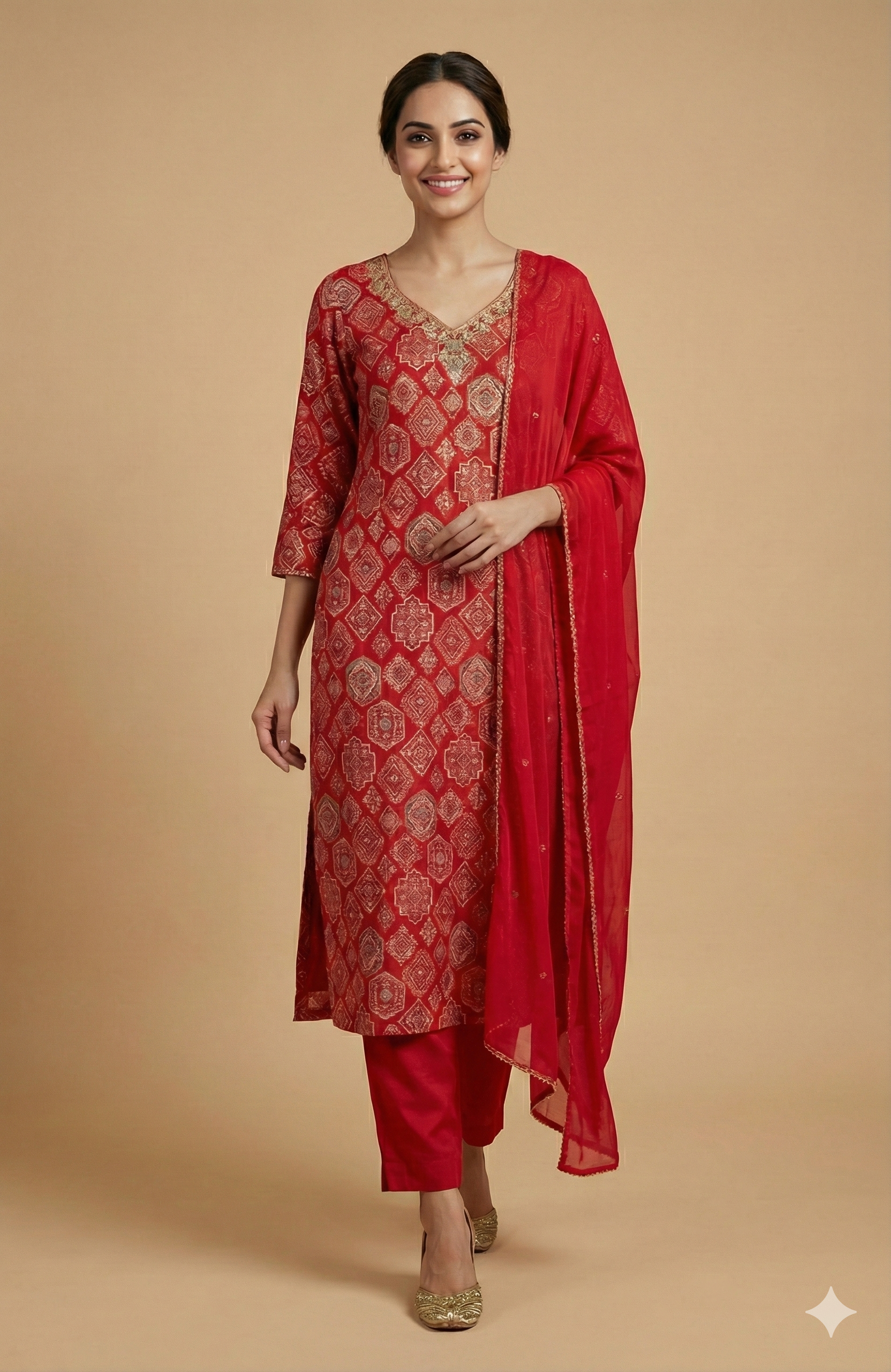Red Geometric Foil Printed Viscose Straight-Cut Salwar Suit Perfect for Festive Wear