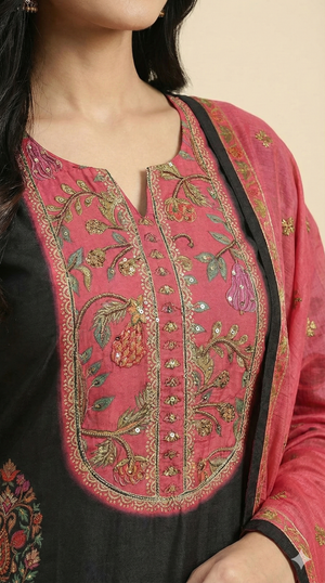 Elegance Black Muslin Straight Cut Salwar Suit with Delicate Floral Motifs