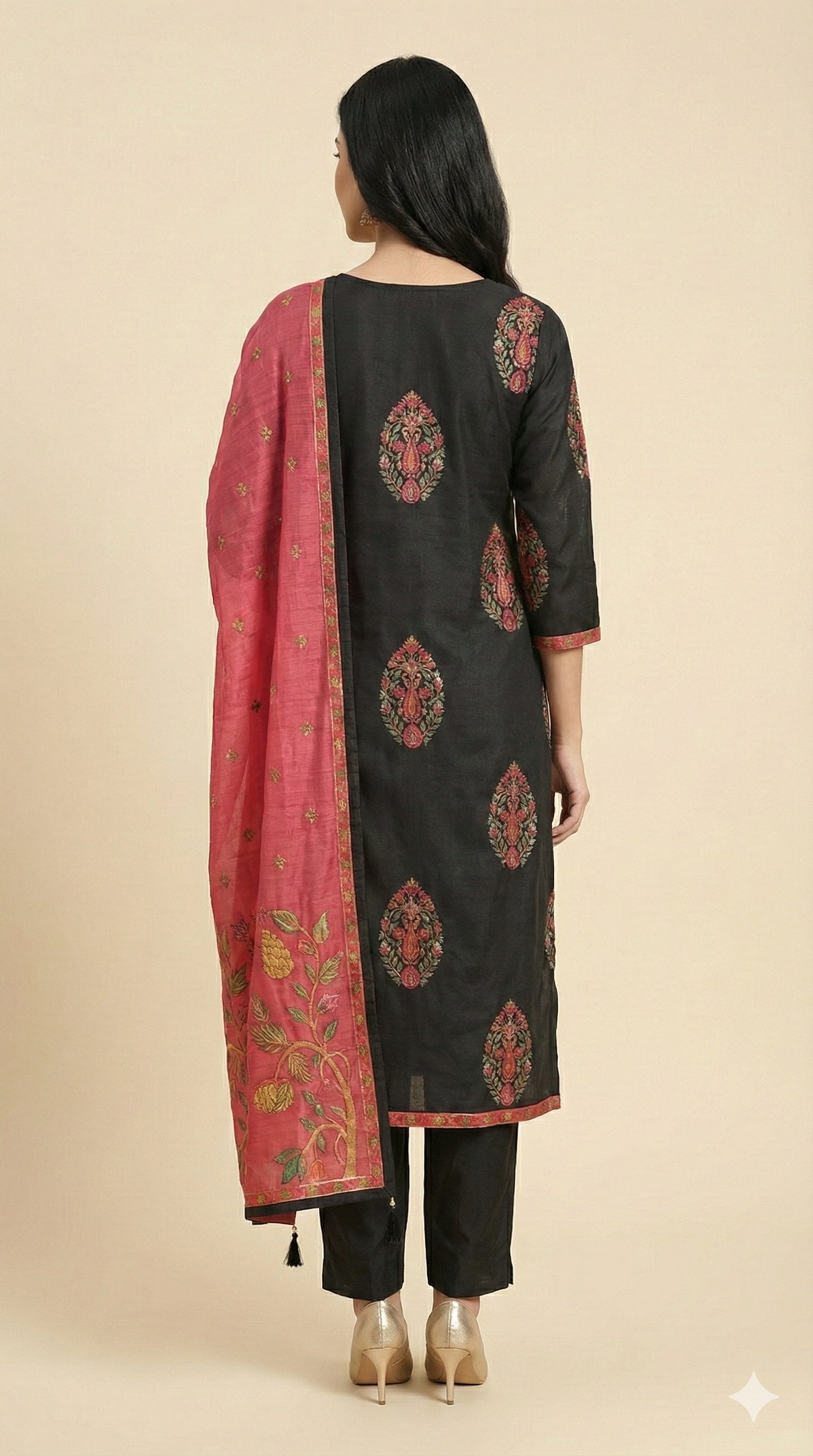 Elegance Black Muslin Straight Cut Salwar Suit with Delicate Floral Motifs