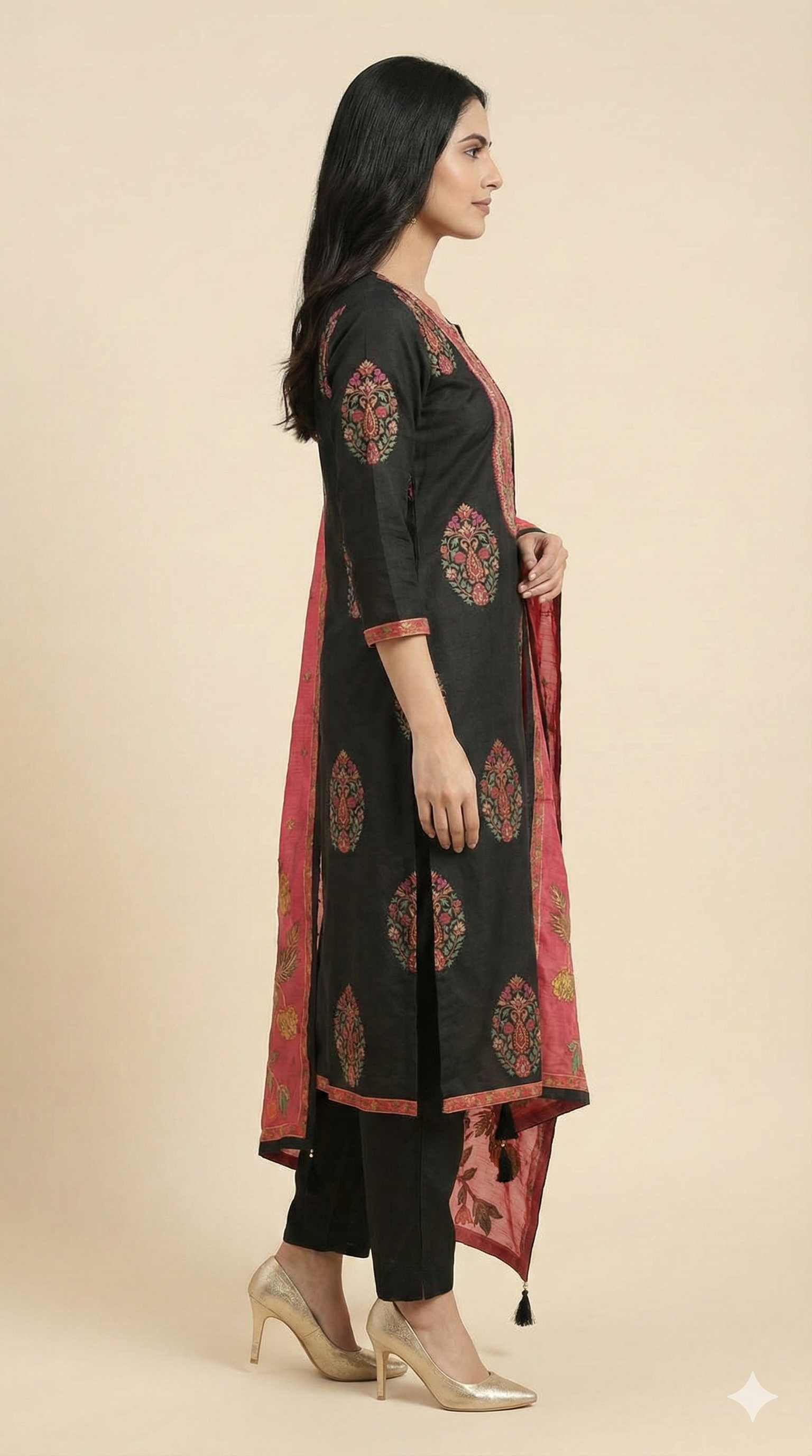 Elegance Black Muslin Straight Cut Salwar Suit with Delicate Floral Motifs