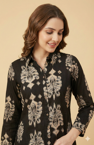 Sophisticated Black Ethnic Motif Printed Rayon Co-Ord Set With A Classic Shirt Collar Look
