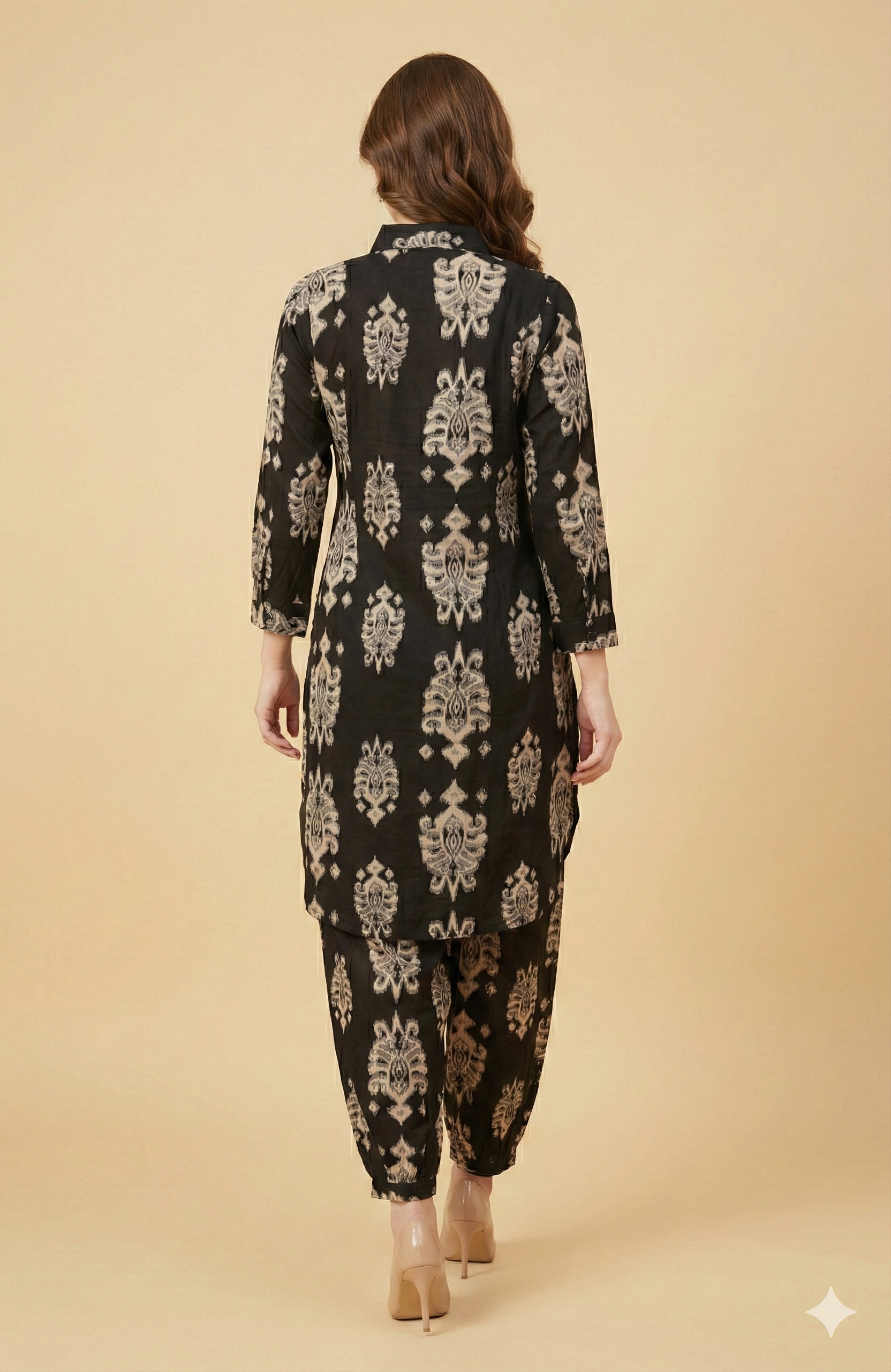 Sophisticated Black Ethnic Motif Printed Rayon Co-Ord Set With A Classic Shirt Collar Look