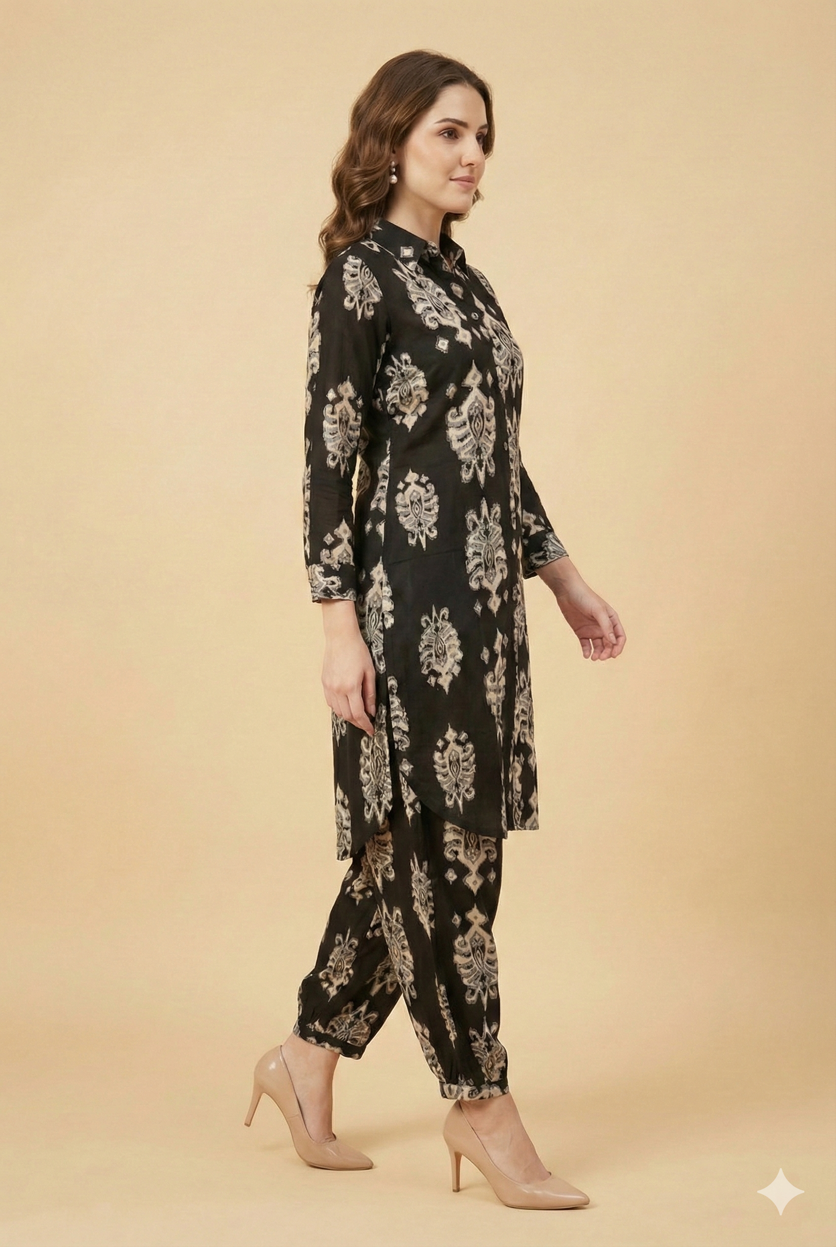 Sophisticated Black Ethnic Motif Printed Rayon Co-Ord Set With A Classic Shirt Collar Look