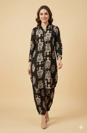 Sophisticated Black Ethnic Motif Printed Rayon Co-Ord Set With A Classic Shirt Collar Look