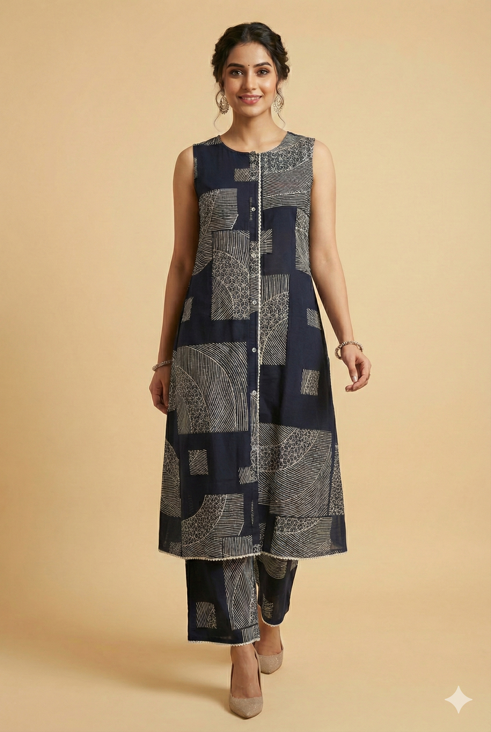 Blue Geometric Patterned Rayon Two-Piece Set Offering a Chic and Trendy Casual Style