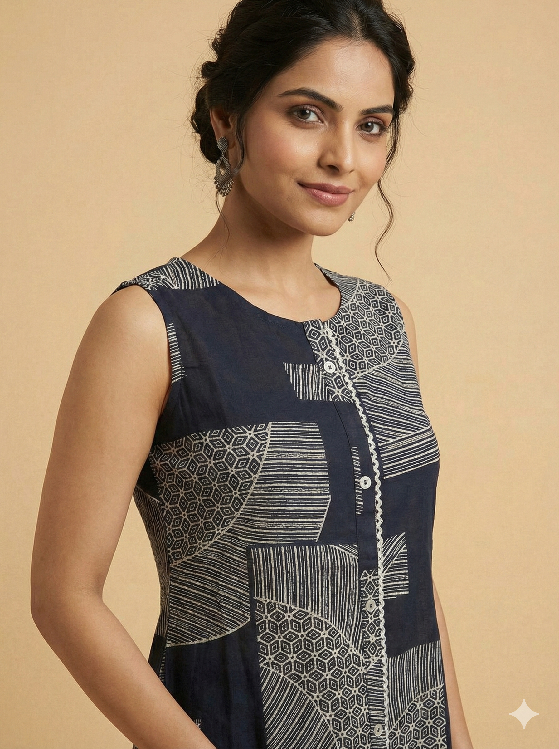Blue Geometric Patterned Rayon Two-Piece Set Offering a Chic and Trendy Casual Style