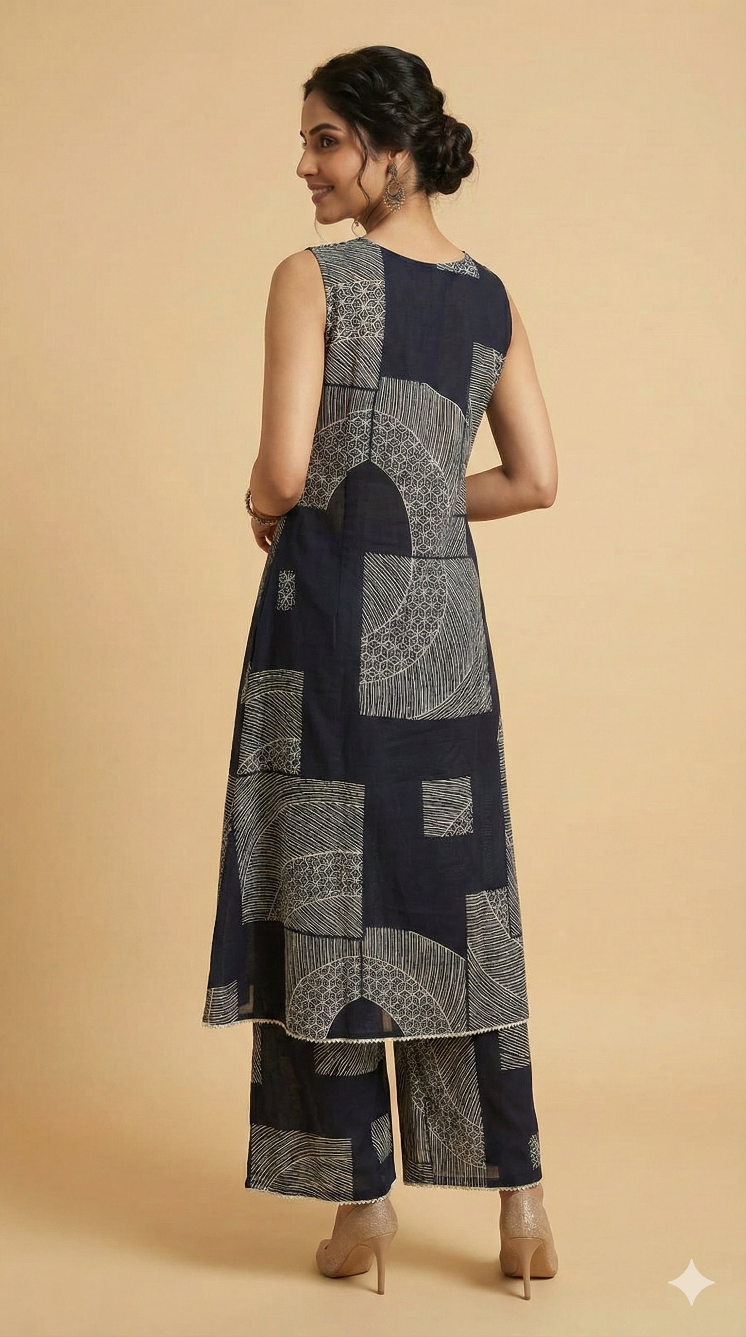 Blue Geometric Patterned Rayon Two-Piece Set Offering a Chic and Trendy Casual Style