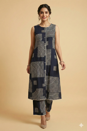 Blue Geometric Patterned Rayon Two-Piece Set Offering a Chic and Trendy Casual Style