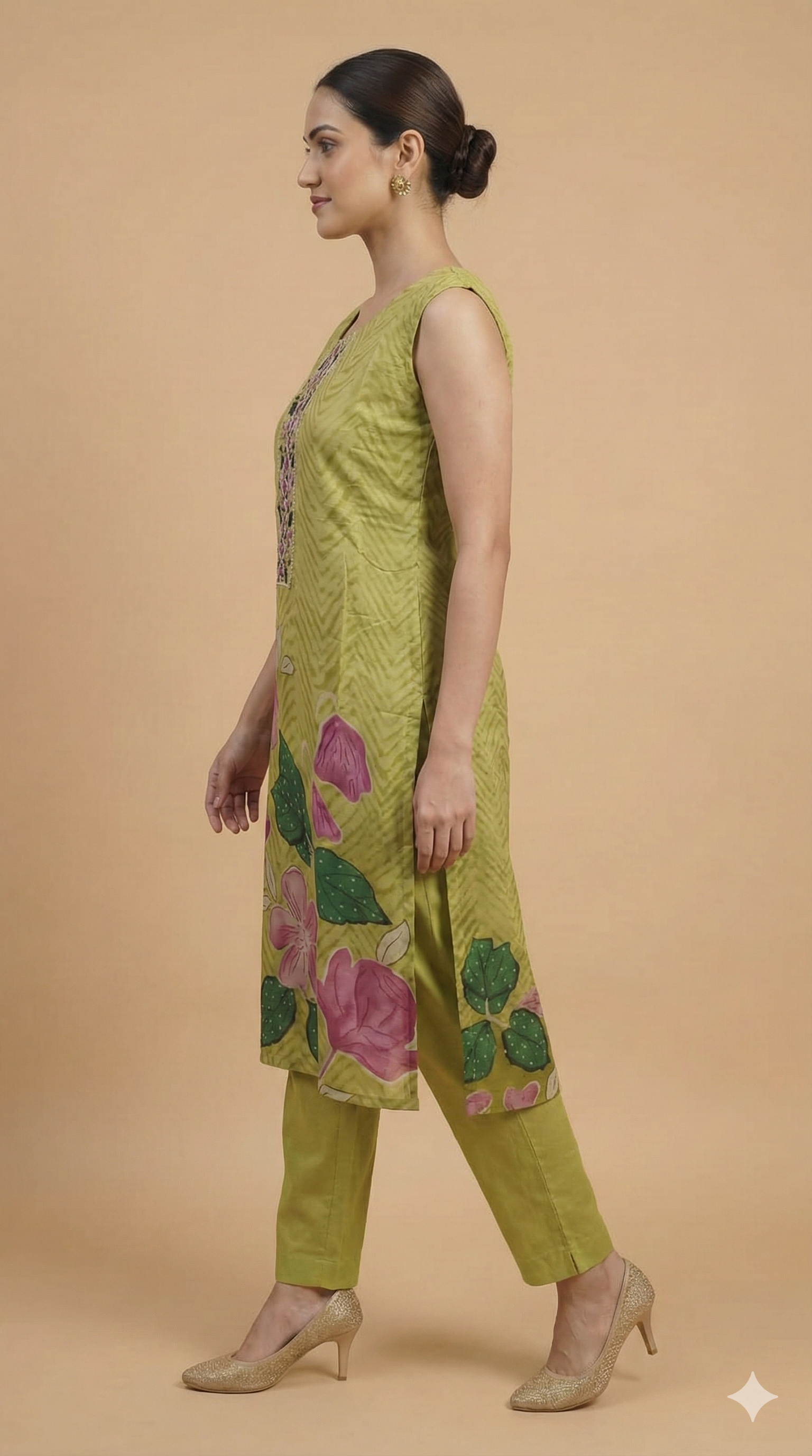 Green Pure Cotton Straight Cut Salwar Suit Showcasing Mirror Work and Graceful Floral Prints