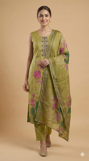 Green Pure Cotton Straight Cut Salwar Suit Showcasing Mirror Work and Graceful Floral Prints