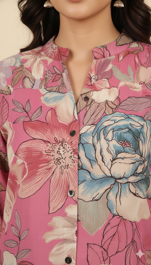 Pink Floral Printed Pure Muslin A-Line Top for Everyday Casual Wear