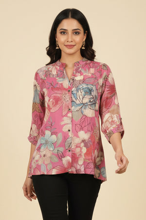 Pink Floral Printed Pure Muslin A-Line Top for Everyday Casual Wear