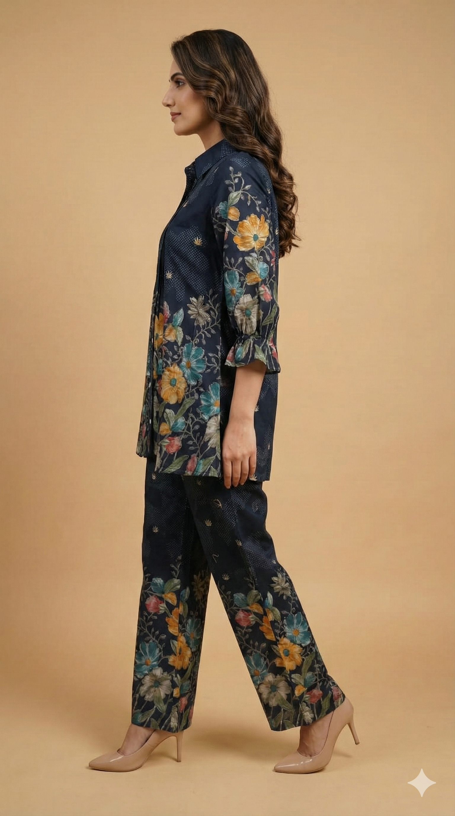 Blue Floral Printed Viscose Blend Co-ord Set Featuring a Stylish A-Line Top and Comfortable Bottoms