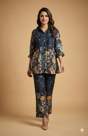Blue Floral Printed Viscose Blend Co-ord Set Featuring a Stylish A-Line Top and Comfortable Bottoms