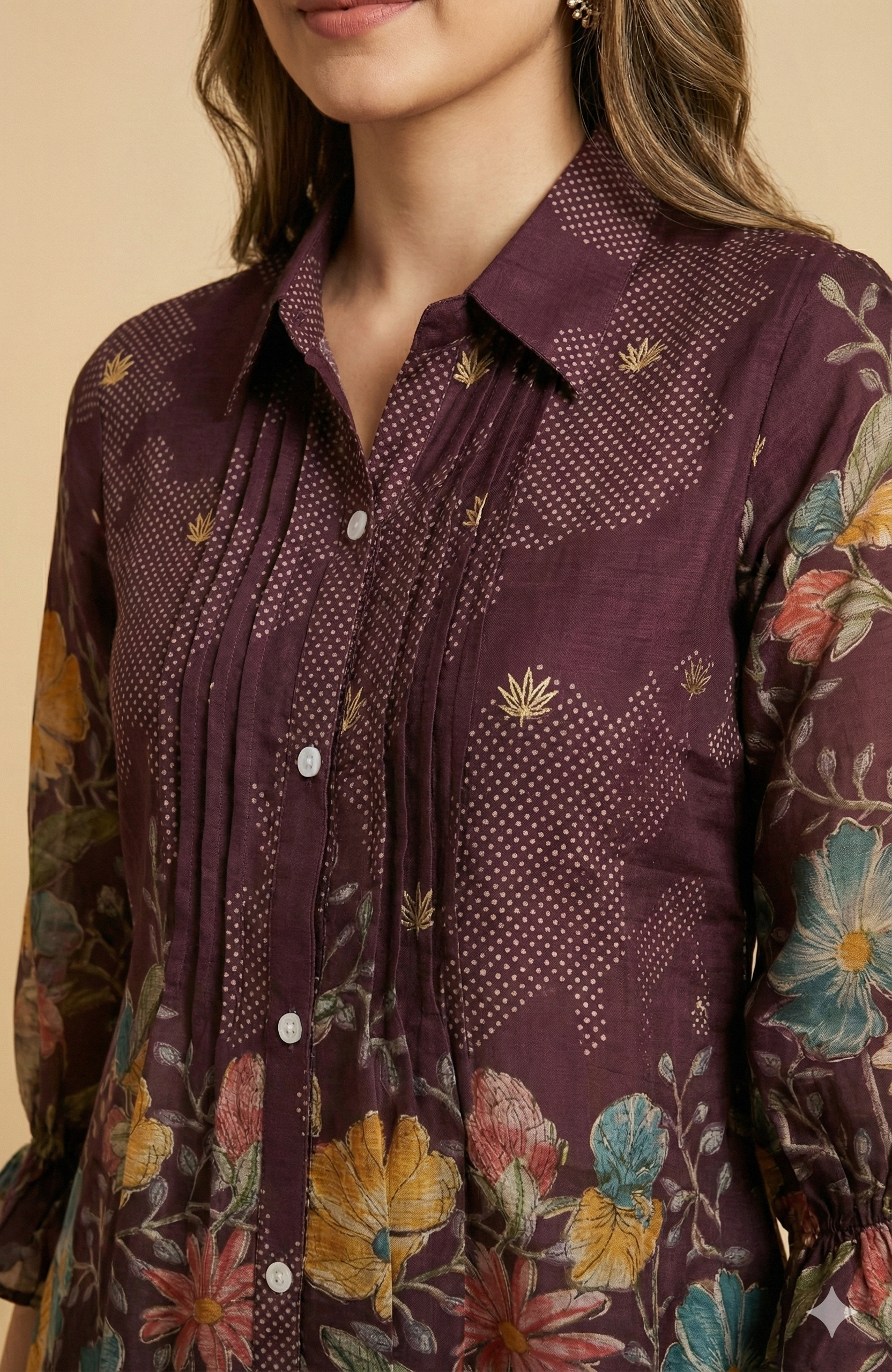 Wine Floral Printed Viscose Blend Co-ord Set Featuring a Stylish A-Line Top and Comfortable Bottoms