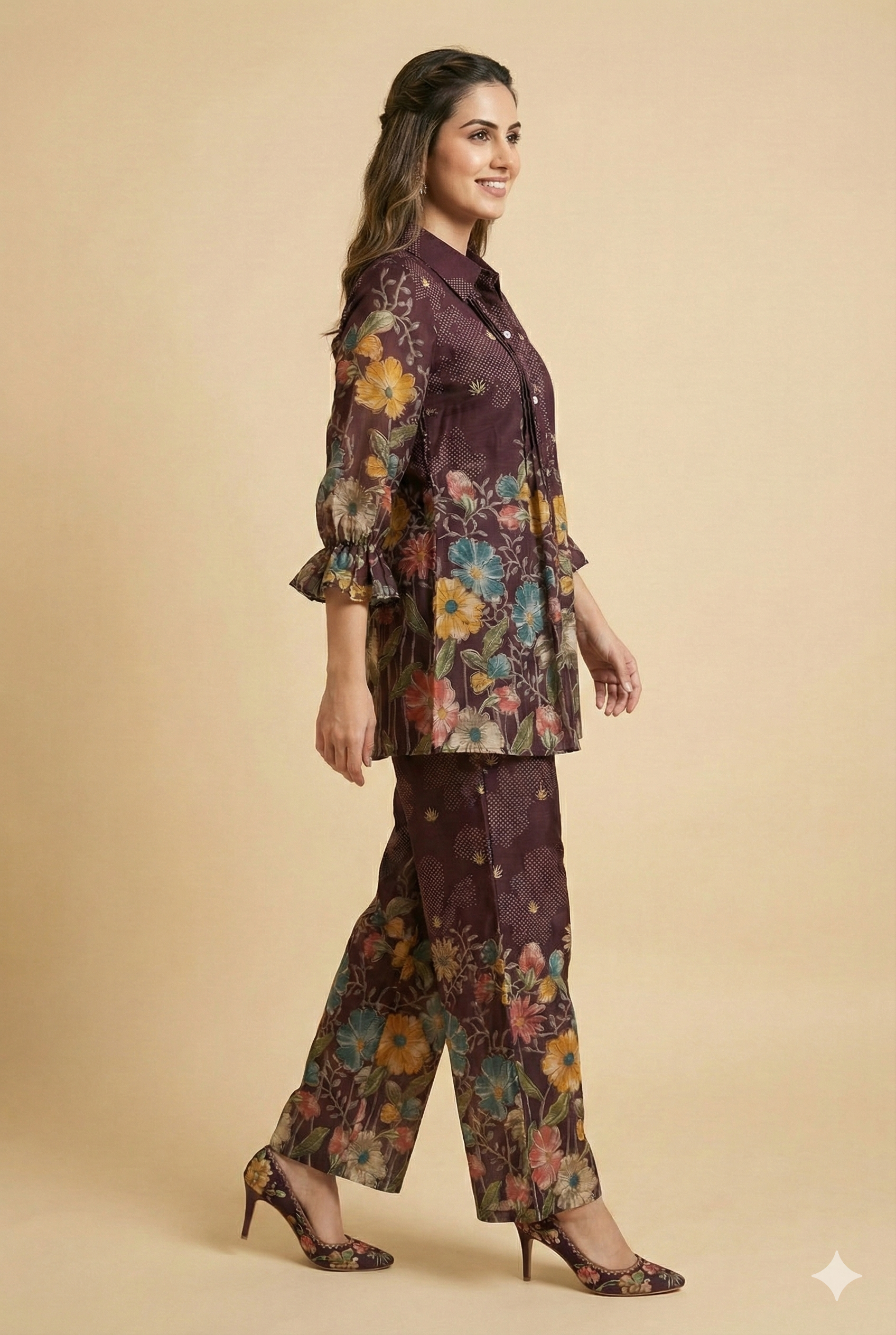Wine Floral Printed Viscose Blend Co-ord Set Featuring a Stylish A-Line Top and Comfortable Bottoms