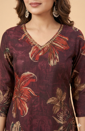 Wine Floral Printed Viscose Vatican Straight-Cut Top and Bottom Set for Casual Wear