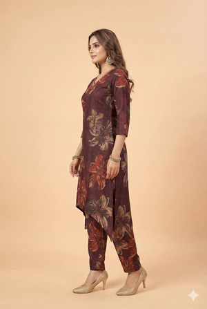 Wine Floral Printed Viscose Vatican Straight-Cut Top and Bottom Set for Casual Wear