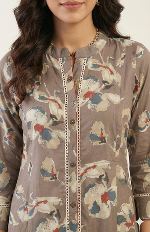 Grey Straight Fit Viscose Kurti Adorned with Delicate Floral Prints and Slit Detail