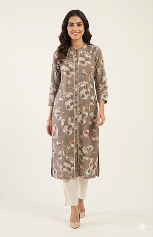 Grey Straight Fit Viscose Kurti Adorned with Delicate Floral Prints and Slit Detail