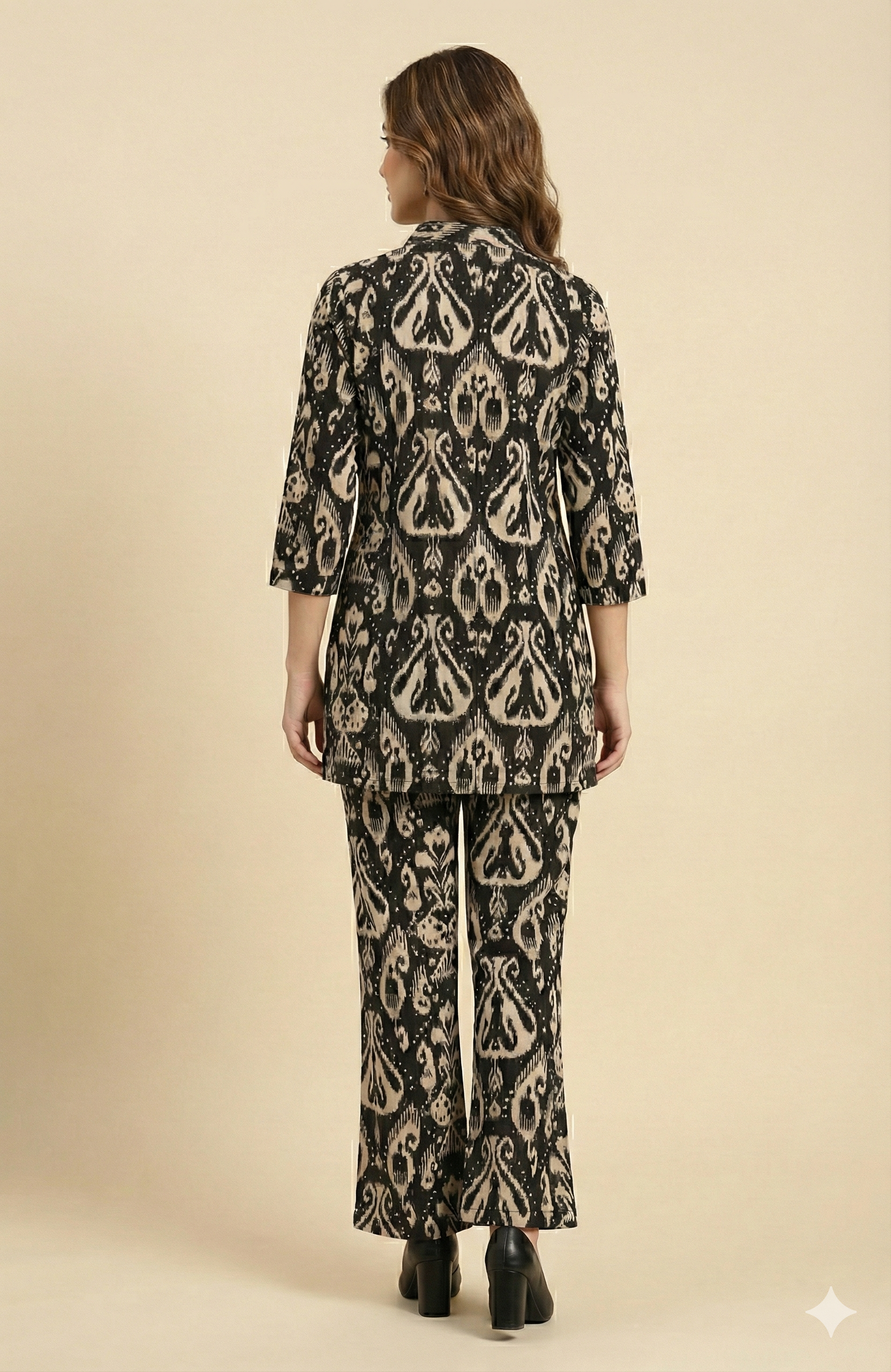 Black Ikkat Printed Rayon Foil Straight-Fit Top and Bottom Pant for Stylish Casual Wear