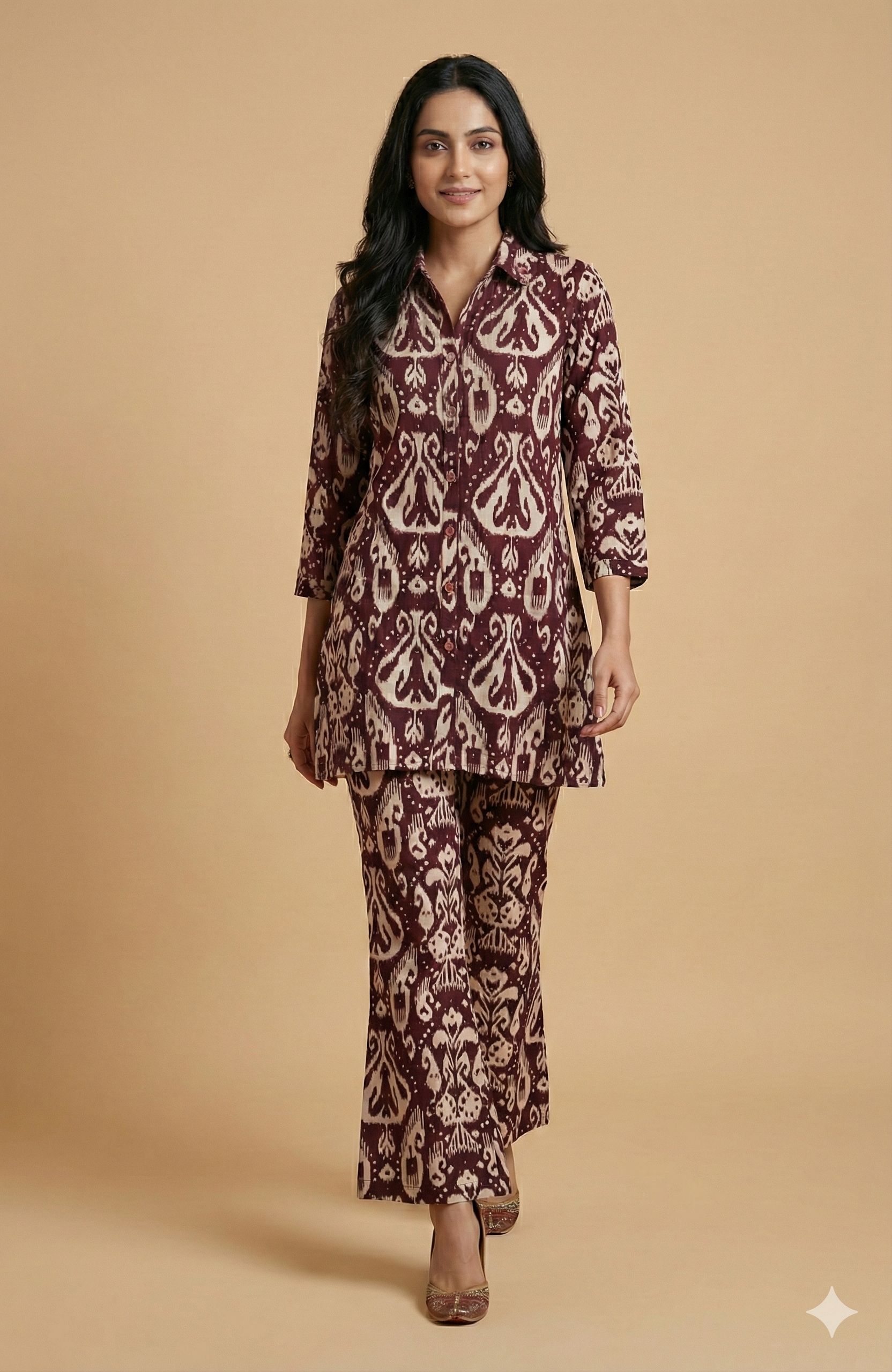 Wine Ikkat Printed Rayon Foil Straight-Fit Top and Bottom Pant for Stylish Casual Wear