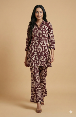 Wine Ikkat Printed Rayon Foil Straight-Fit Top and Bottom Pant for Stylish Casual Wear