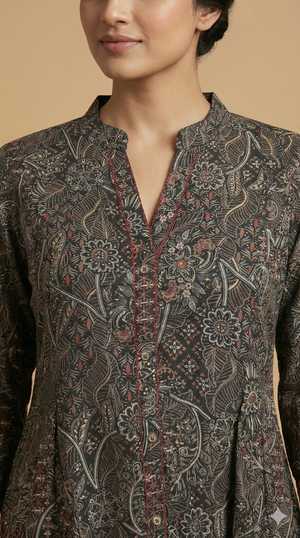 Black Floral Printed Rayon Short Straight Top for Casual Wear