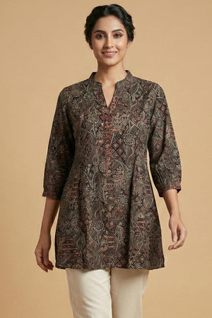 Black Floral Printed Rayon Short Straight Top for Casual Wear