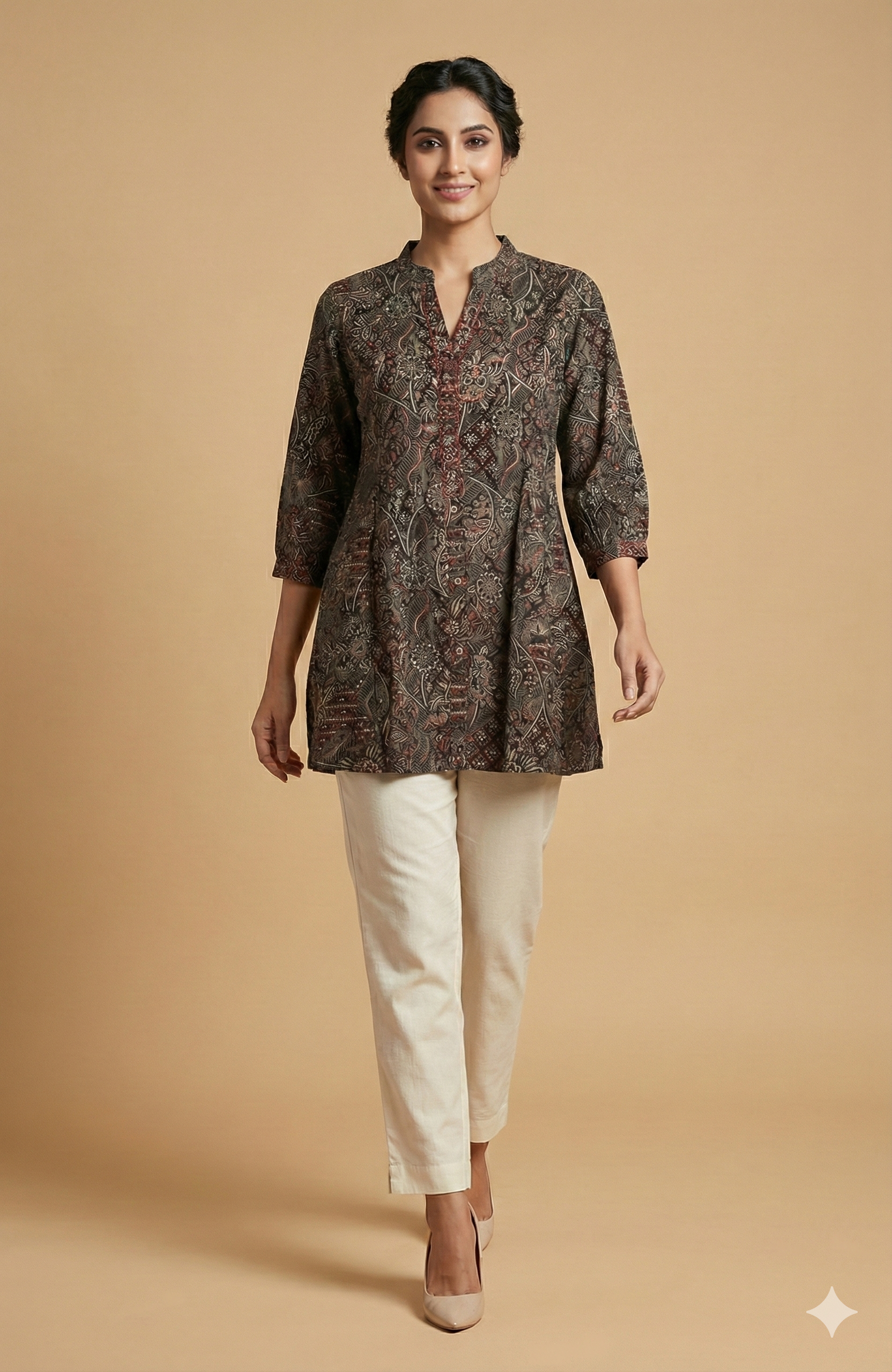 Black Floral Printed Rayon Short Straight Top for Casual Wear