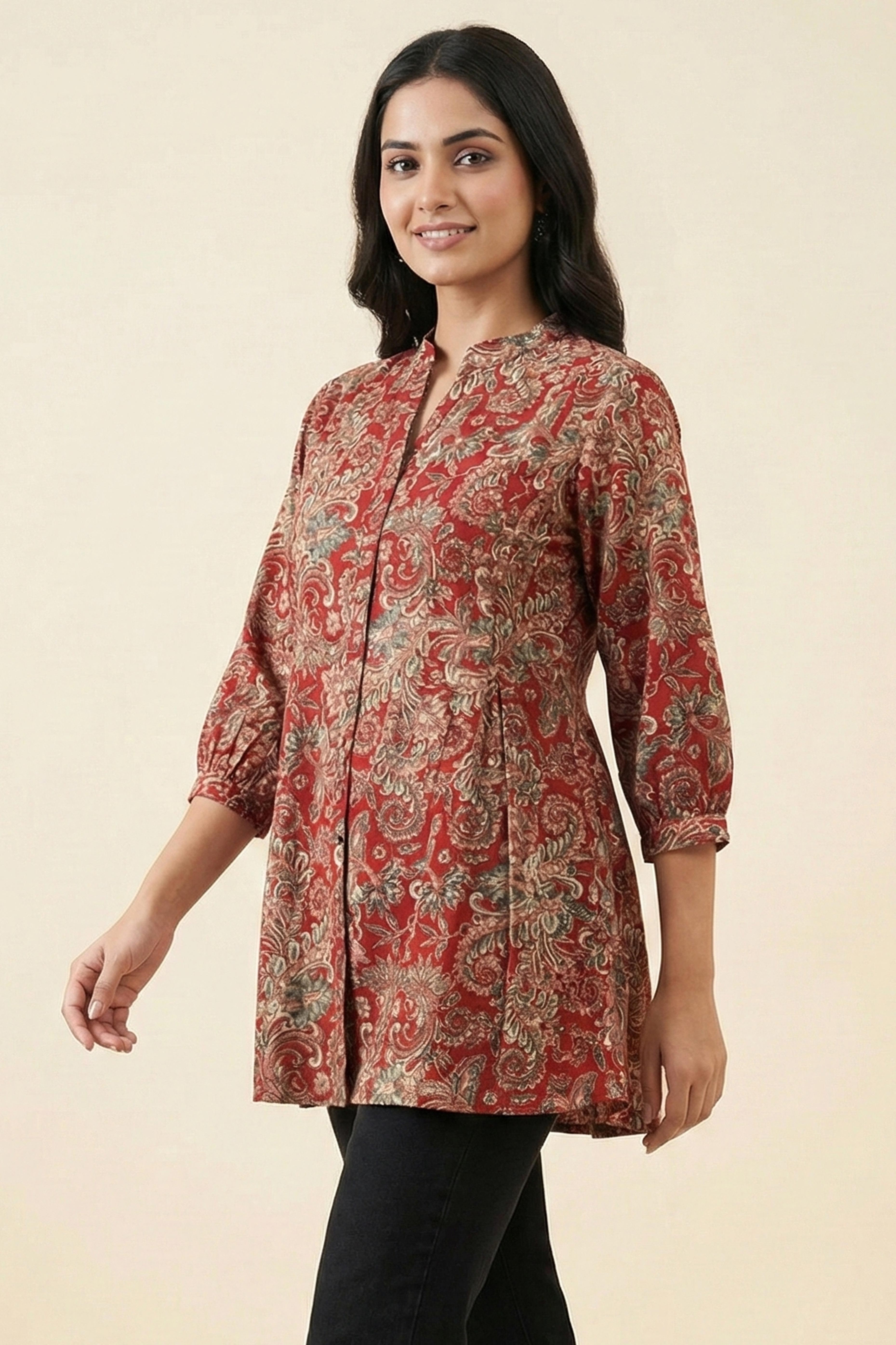 Red Floral Motif Rayon A-Line Casual Top Offering a Comfortable and Trendy Look