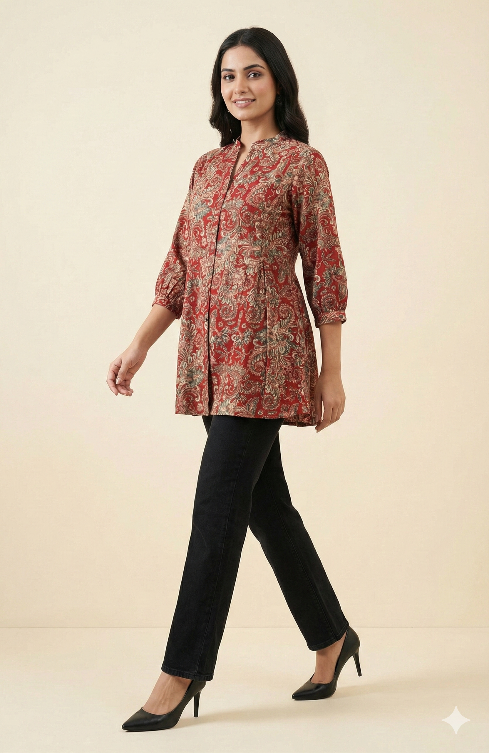 Red Floral Motif Rayon A-Line Casual Top Offering a Comfortable and Trendy Look