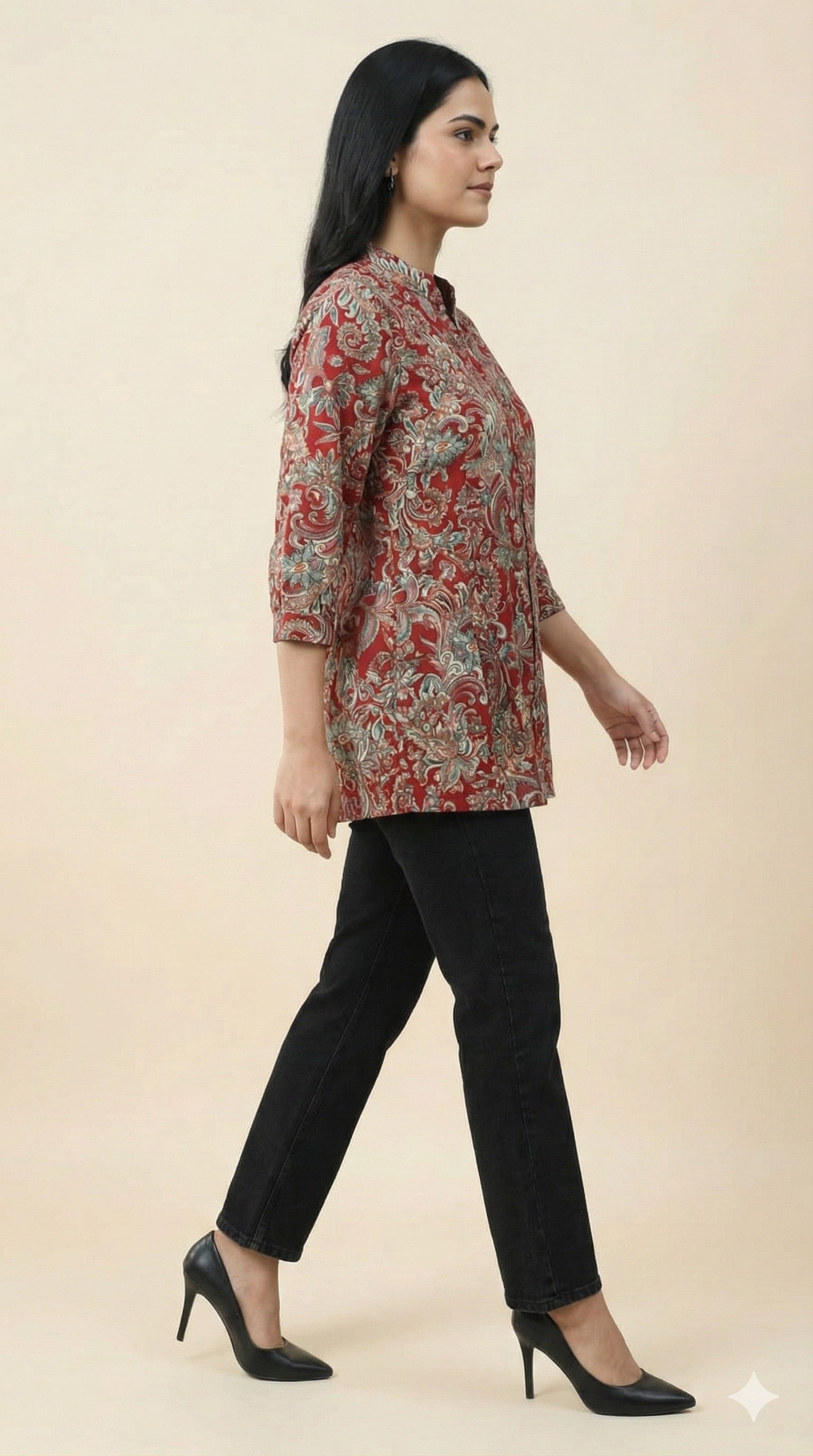 Red Floral Motif Rayon A-Line Casual Top Offering a Comfortable and Trendy Look
