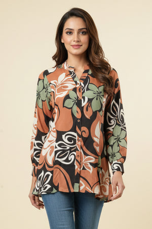 Brown Muslin A-Line Top Featuring Delicate All-Over Floral Prints
