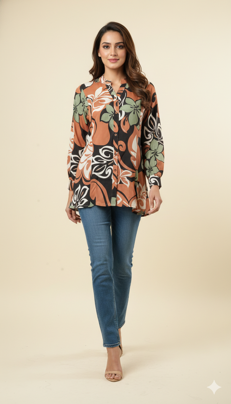 Brown Muslin A-Line Top Featuring Delicate All-Over Floral Prints