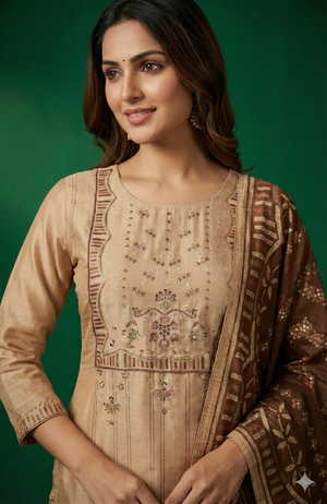 Beige Floral Printed Shimmer Straight Cut Salwar Suit with Elegant Stone Work Embroidery