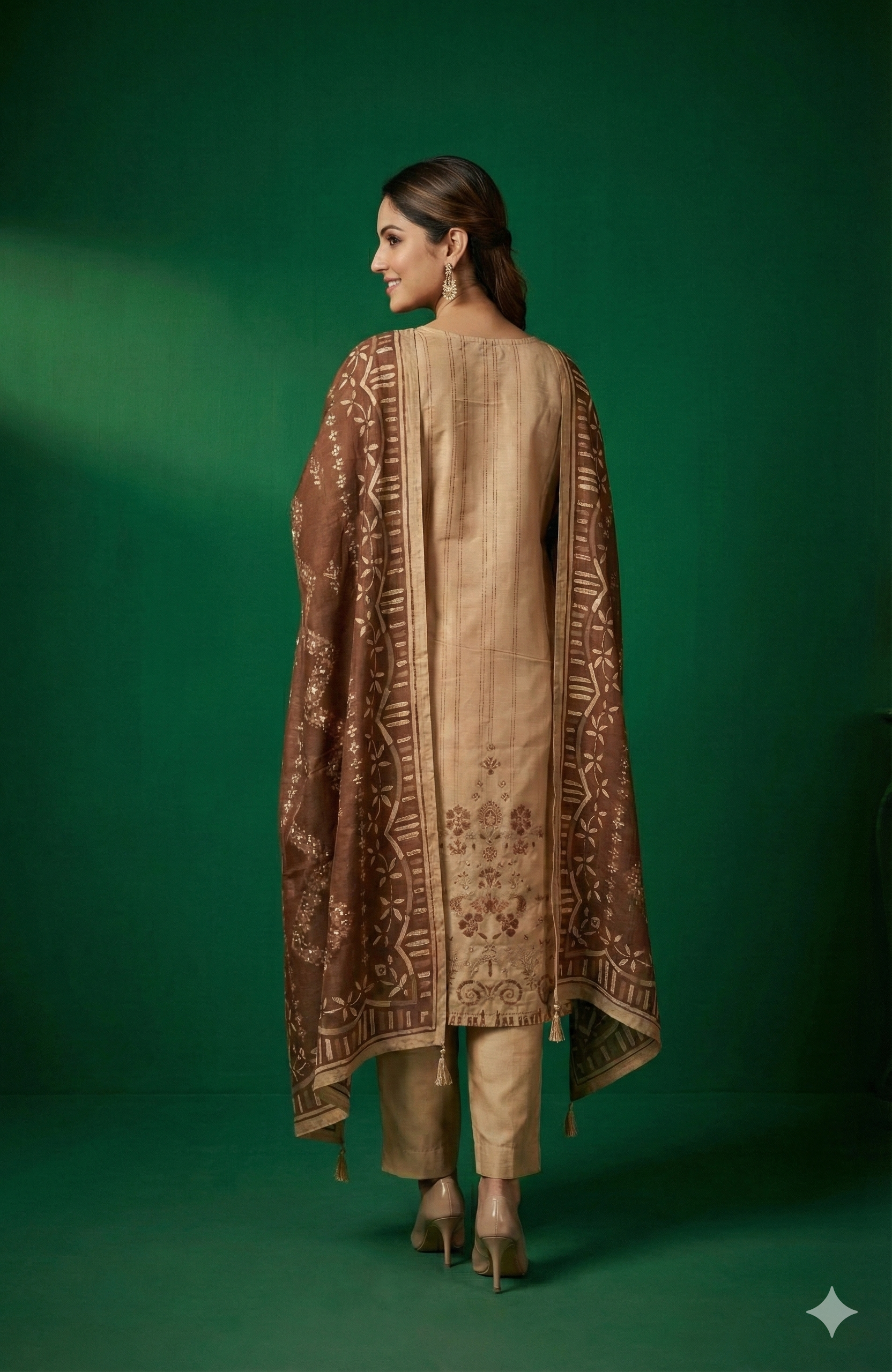 Beige Floral Printed Shimmer Straight Cut Salwar Suit with Elegant Stone Work Embroidery