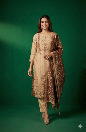 Beige Floral Printed Shimmer Straight Cut Salwar Suit with Elegant Stone Work Embroidery