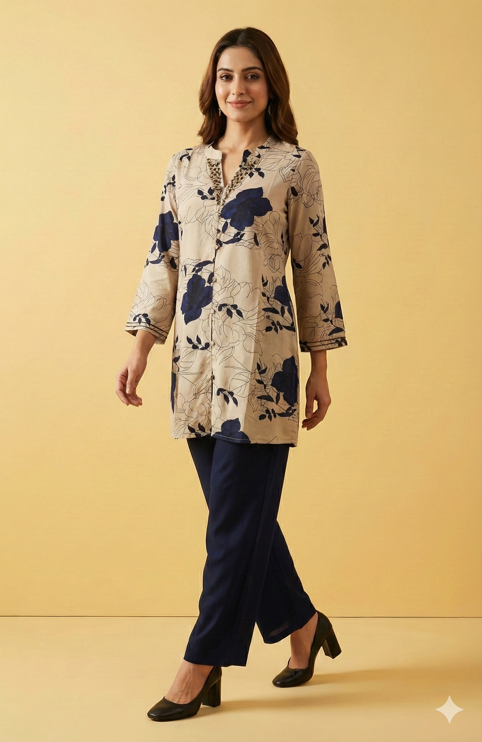 Beige Stylish Floral Printed Rayon Co-Ord Set with Intricate Handwork Finish