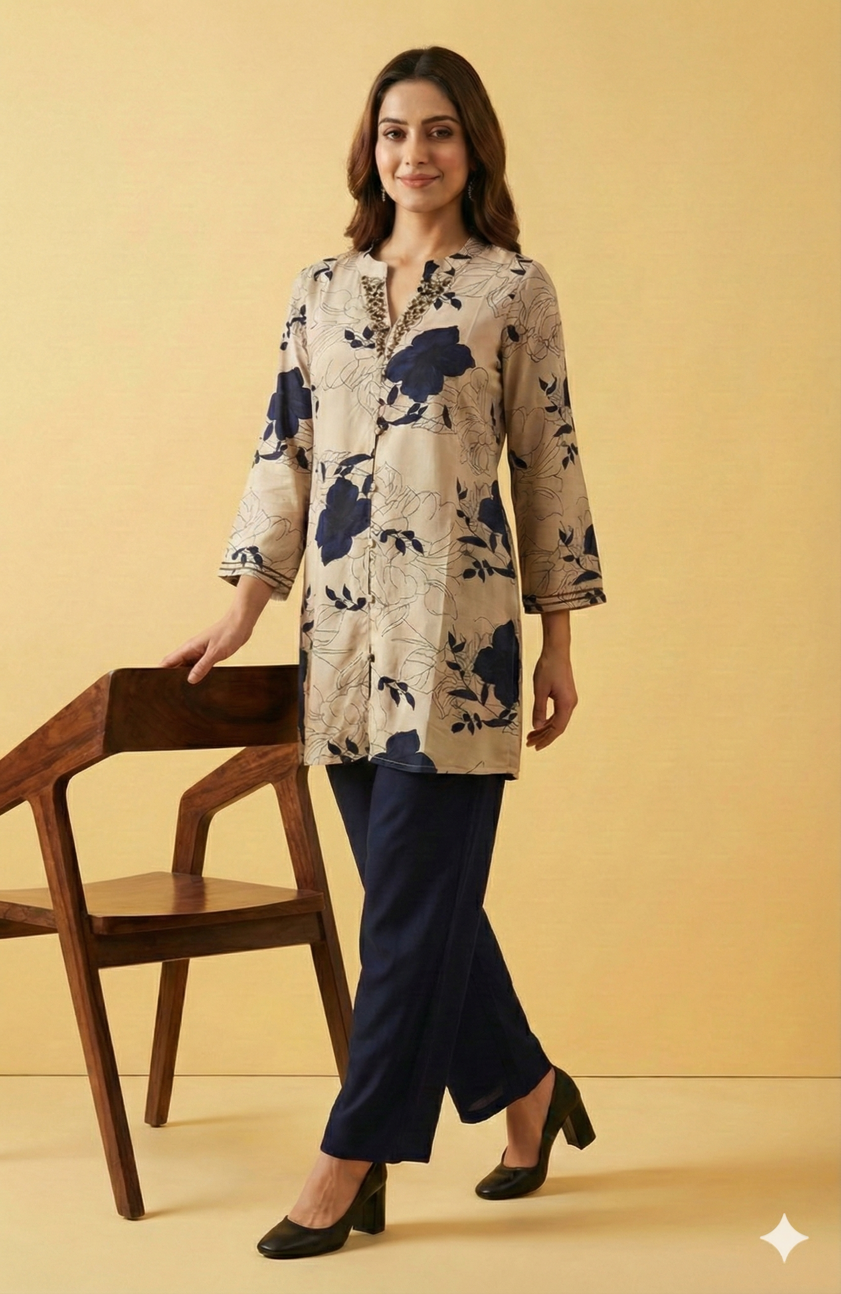 Beige Stylish Floral Printed Rayon Co-Ord Set with Intricate Handwork Finish