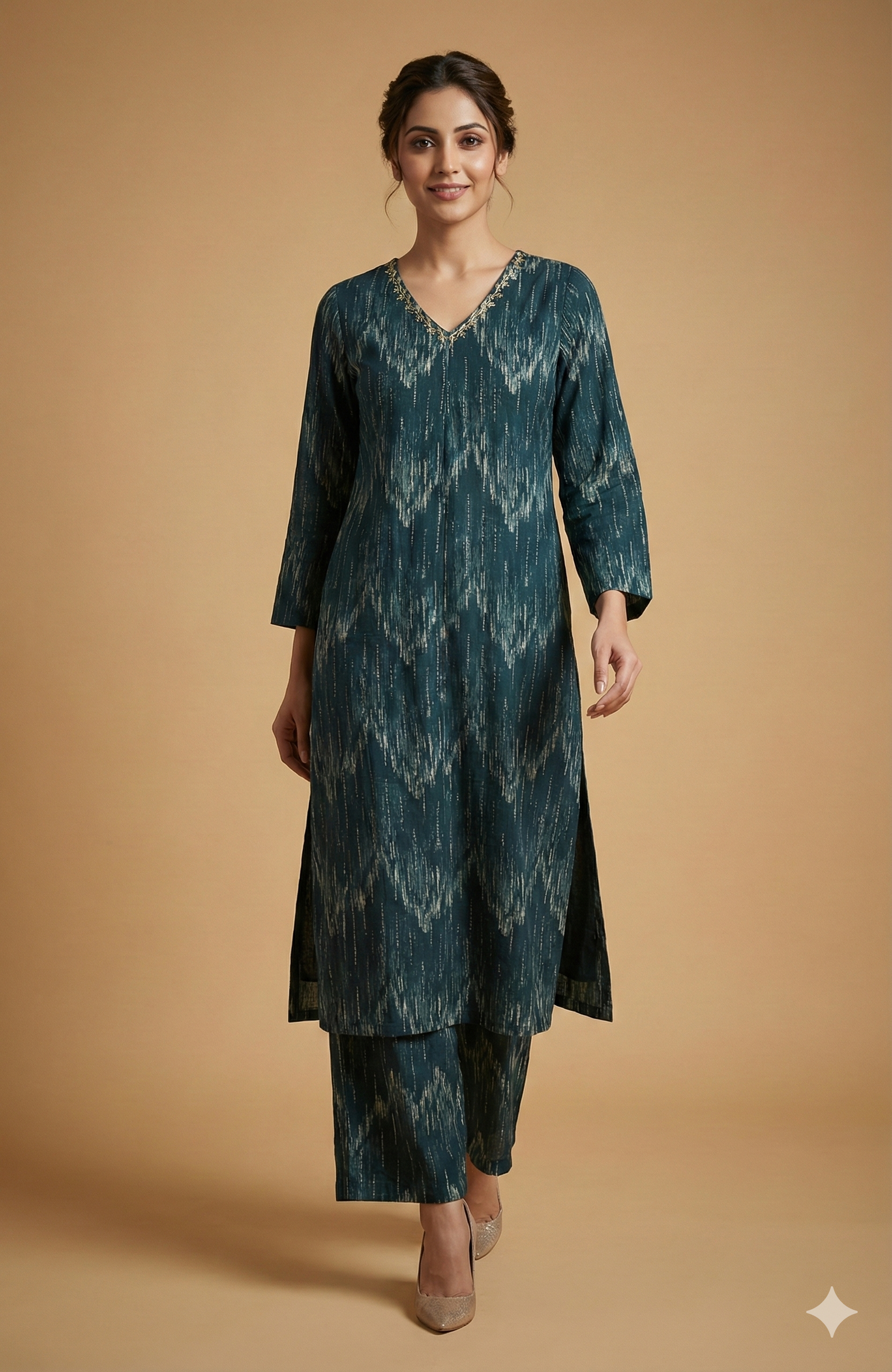 Blue Contemporary Printed Rayon Straight Cut Top & Bottom Set with Foil Accents